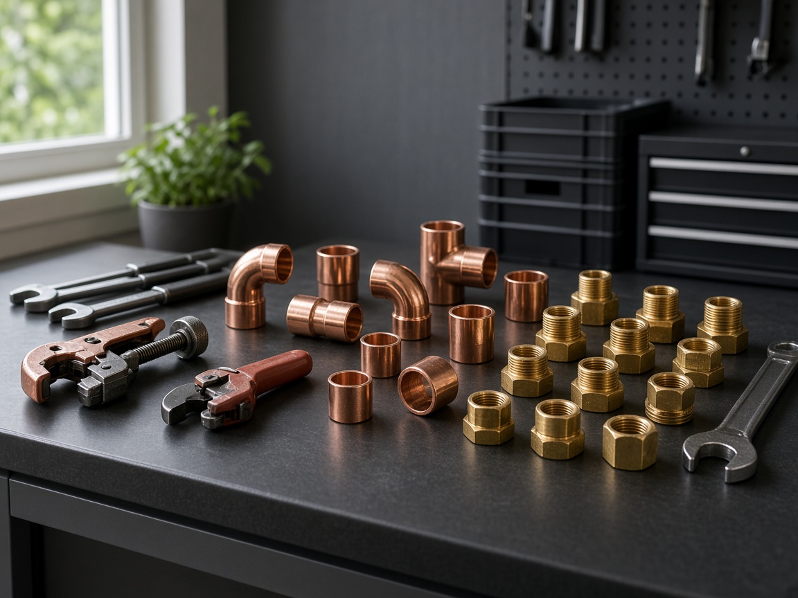 Orderly plumbing fittings and measured tools on a workbench