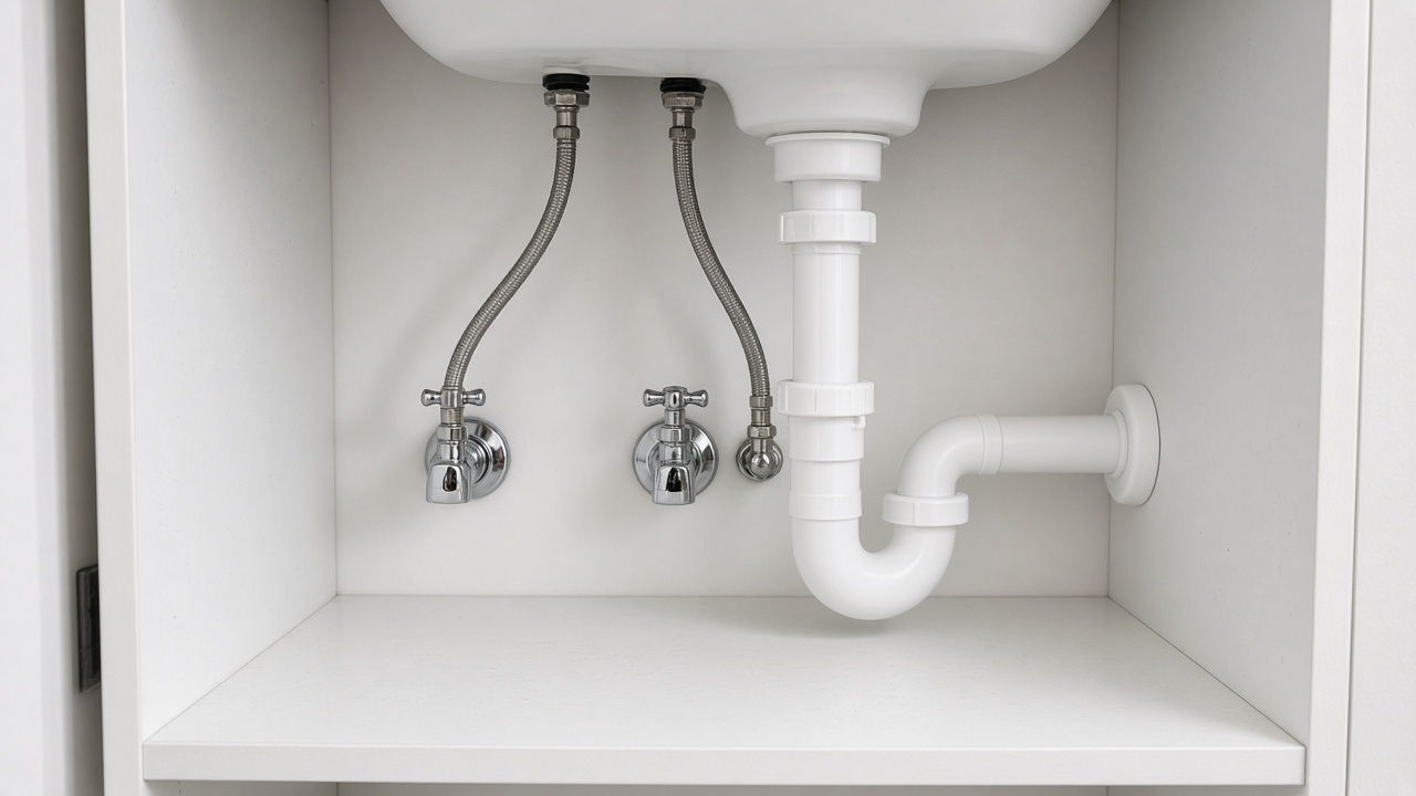 Sink shutoff and supply-line fittings in a cabinet